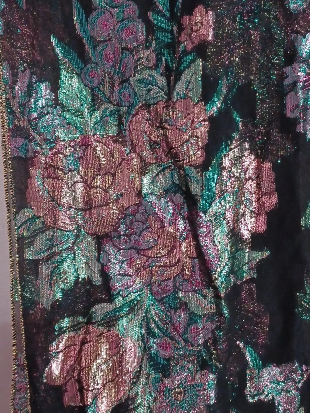 Black Metallic Floral Rosette Scarf Green Pink Gold 60×10